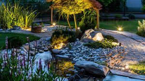 Residential backyard rockery garden with led lights landscaping